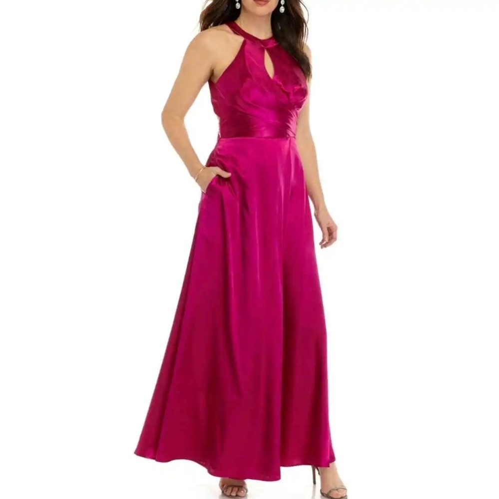 Morgan & Co. Fuschia Charmeuse Open Back, Long Formal Dress, sz 1 BARBIECORE